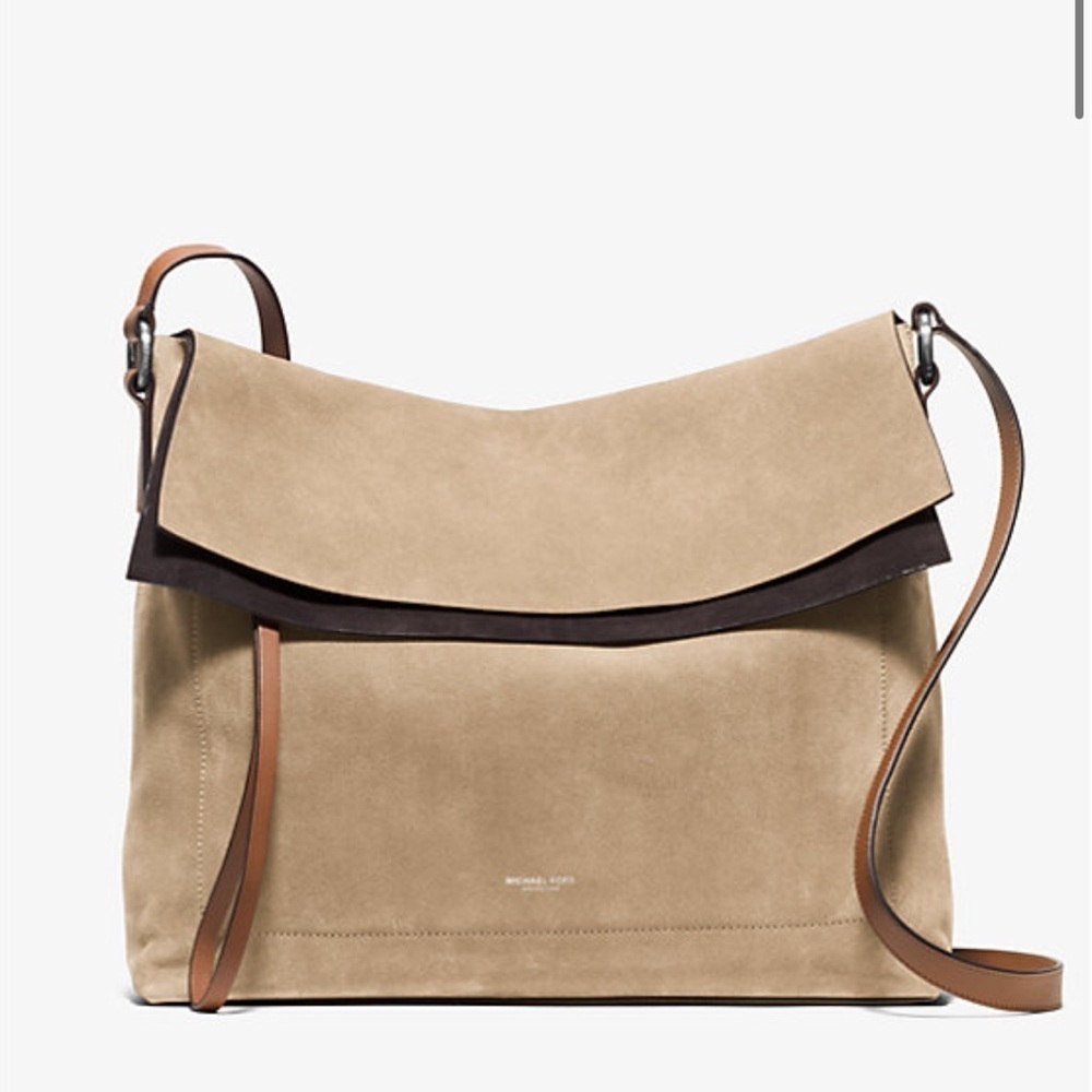 Michael Kors Collection Sedona Large Suede Flap Messenger Bag Tan Brown
